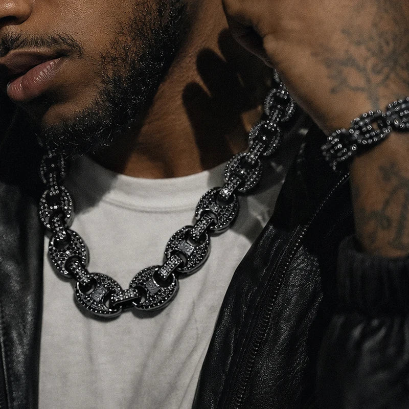 Black women hiphop 12mm coffee bean link necklace with diamond-encrusted links and purple cuban chain accents