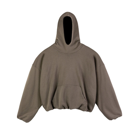 Men’s designer oversized olive green hooded sweatshirt with loose fit cropped silhouette and elasticated hem