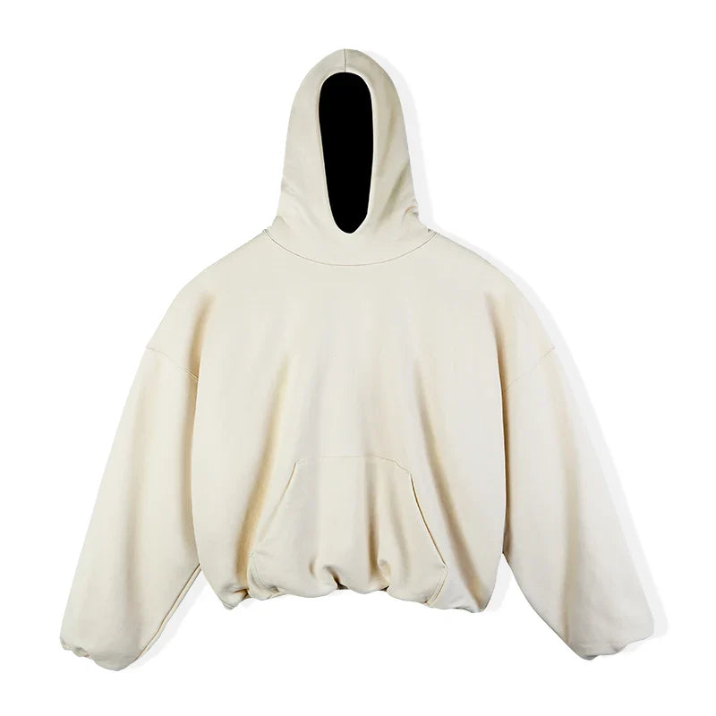 Men’s cream-colored oversized hip hop hoodie with black cutout hood and front pouch pocket loose fit pullover top