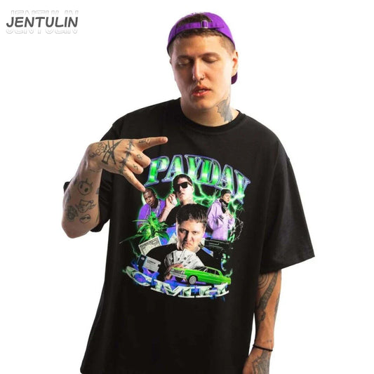 Men’s oversized black cotton t-shirt featuring vibrant payday graphic with people money and car for hip hop streetwear