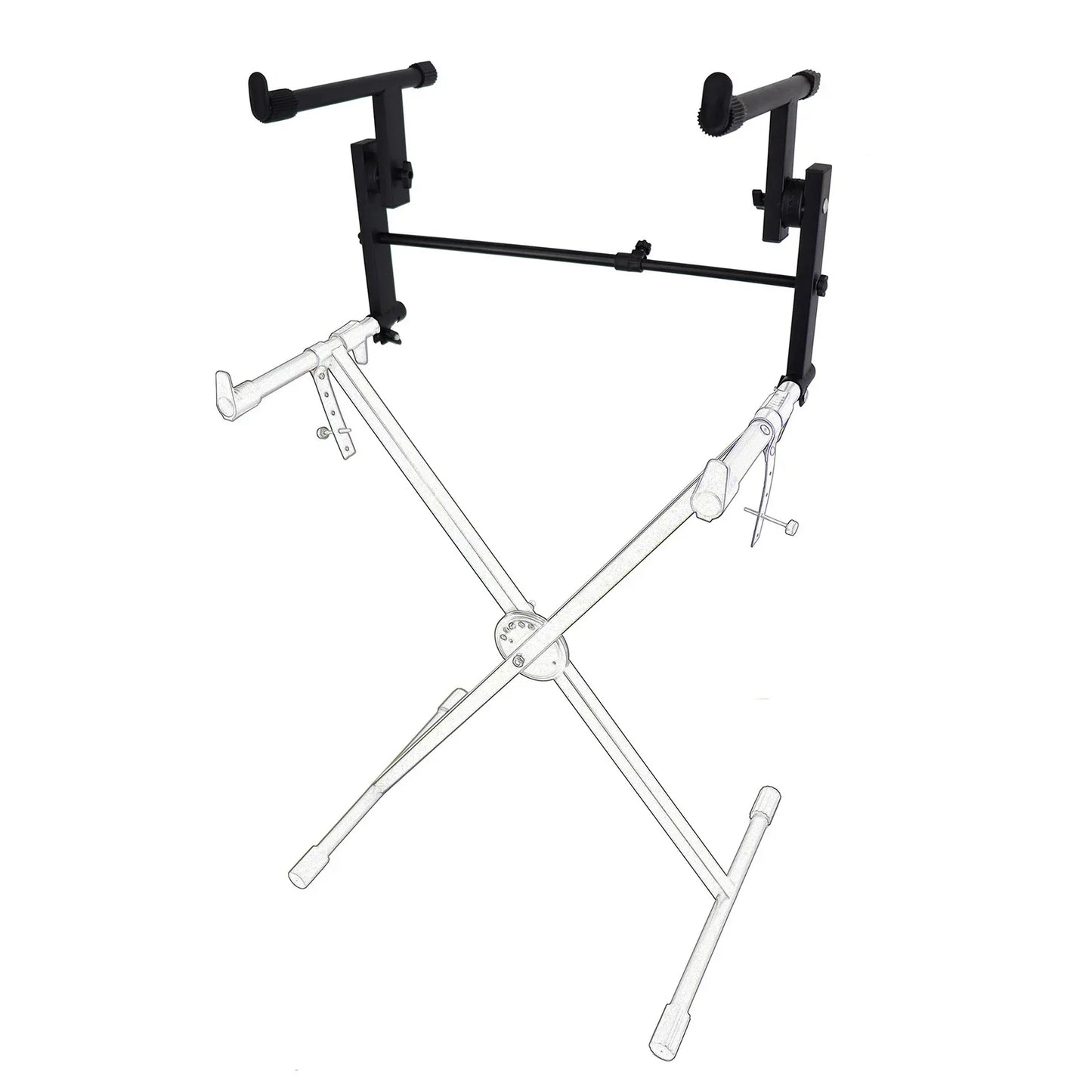 Black metal electric piano rack with adjustable arms and central support bar for tiers keyboard stand extension stacking