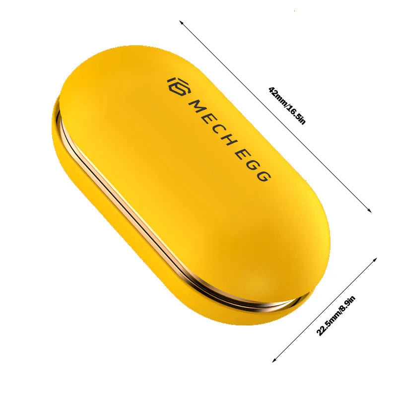 Bright yellow sleek oval metal fidget slider mechanical egg anxiety relief earbud case with metallic gold hinge accent