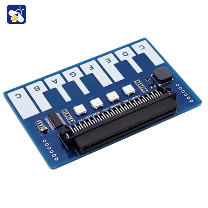 Blue circuit board microbit expansion board with white lettered slots and i2c interface communication components
