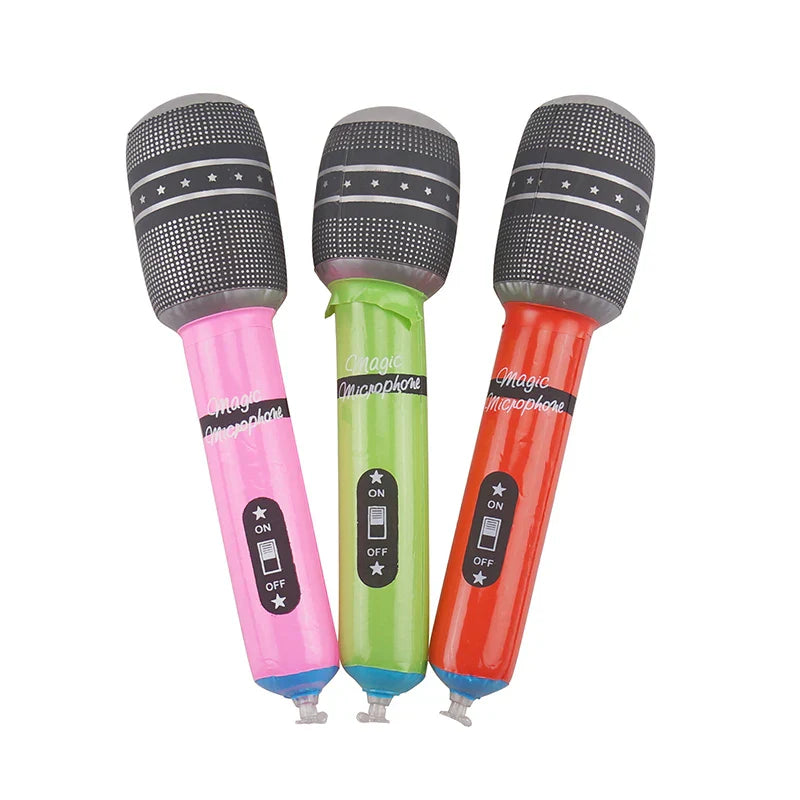 Three inflatable microphone balloons karaoke in pink green and red with star-patterned grilles for 80s 90s party decor
