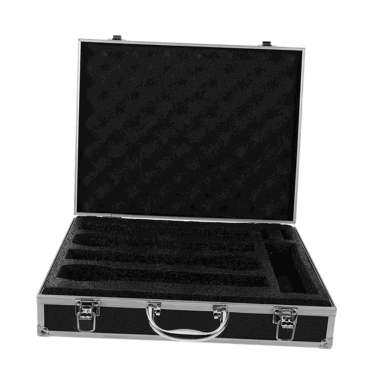 Black aluminum microphone carrying studio case with molded foam interior and silver latches for mics storage broadcast