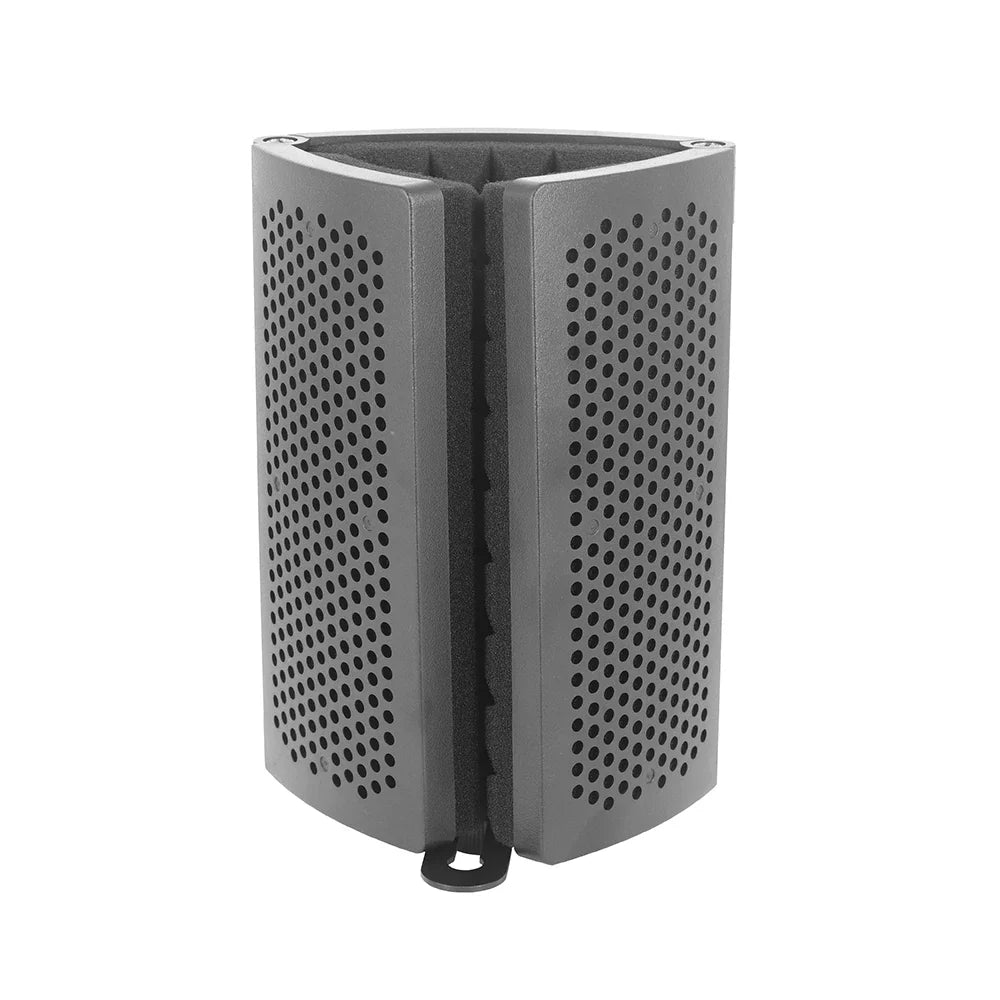 Gray perforated foldable microphone isolation hood with triangular design and black foam for sound recording