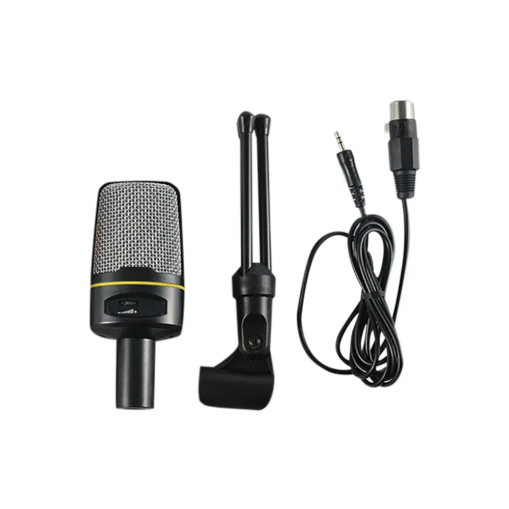 Black condenser microphone with silver mesh grille and yellow accent band on mini tripod mount for laptop singing and jack recording condenser use
