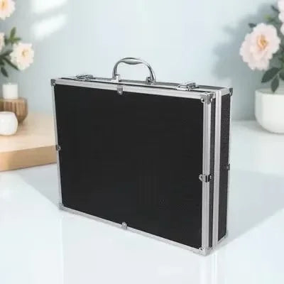 Black hard-shell microphones storage case with silver aluminum trim and handle for sound card studio equipment