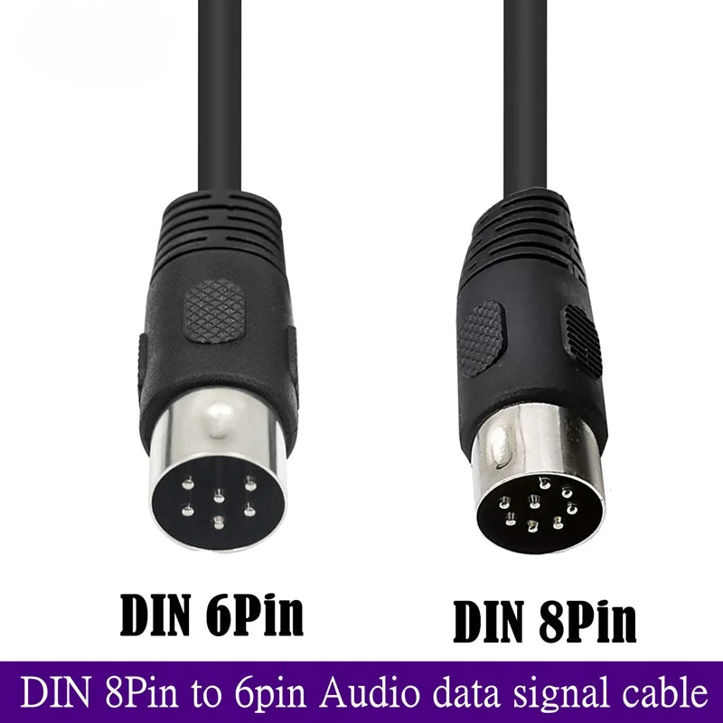 Black midi 8 pin din male to 6 pin male audio data signal cable with metallic connectors for type beat music use
