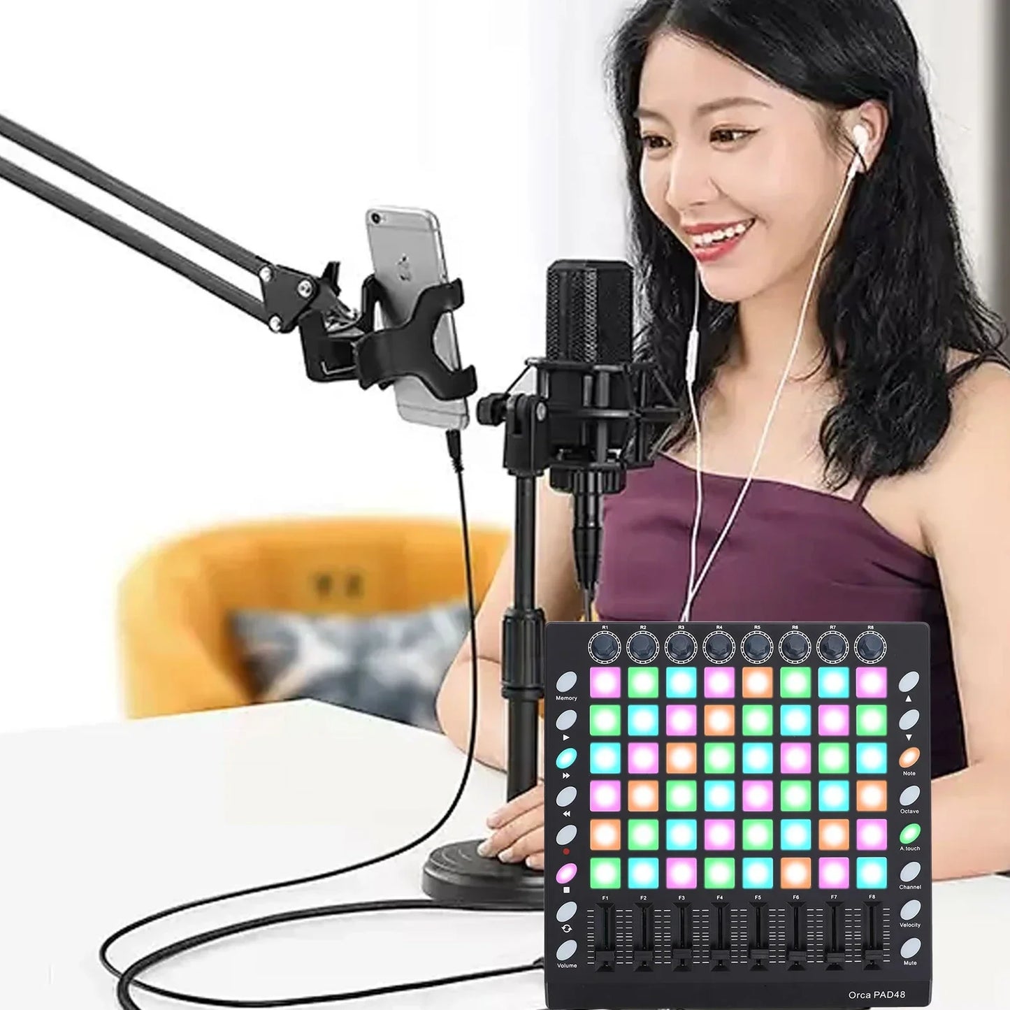 Black orca pad48 midi controller strike with rgb backlit velocity pads 8 knobs 8 sliders and 16 function buttons