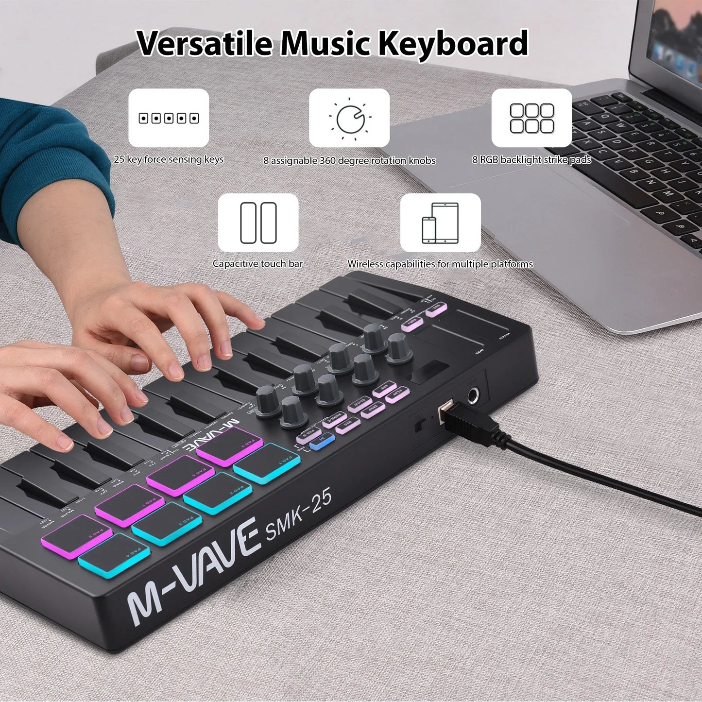 Black m-vave smk-25 midi keyboard controller with 25 keys, rgb backlight strike pads, tactile knobs, and rechargeable battery