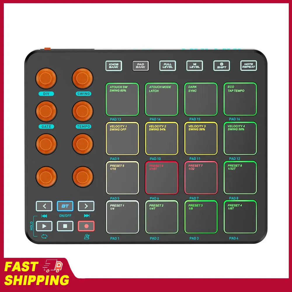 Black midi controller with orange knobs and illuminated rgb pads midi buttons featuring customizable buttons wireless design