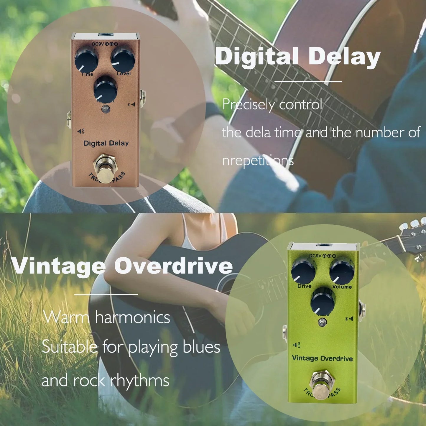 Two guitar effects pedals including a rose gold digital delay and lime green vintage overdrive with true bypass design minimizes tone loss