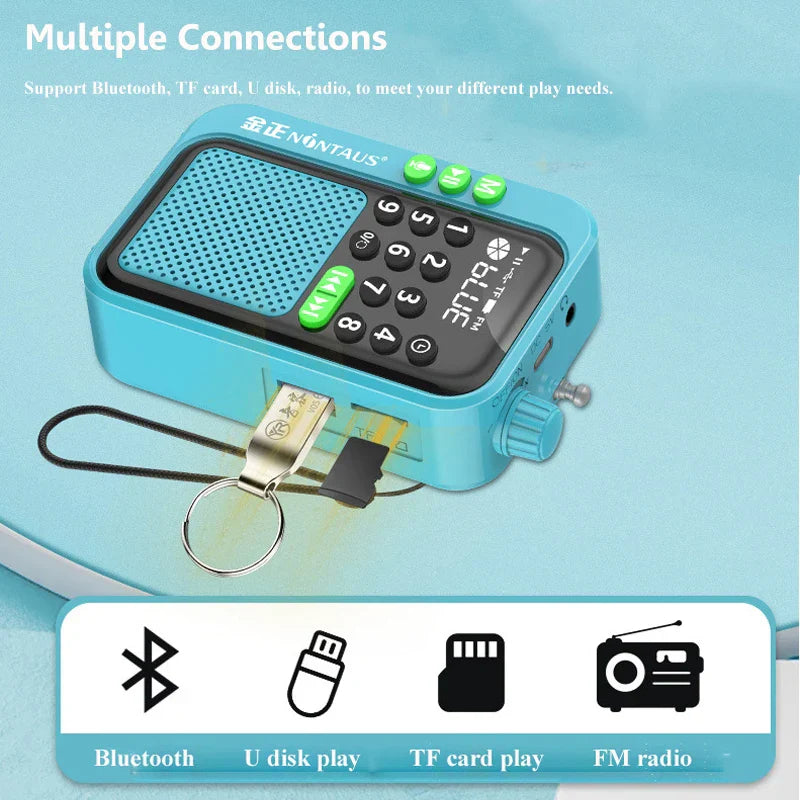 Light blue portable fm radio wireless bluetooth speaker with black keypad green buttons usb and tf card slots music mp3 player