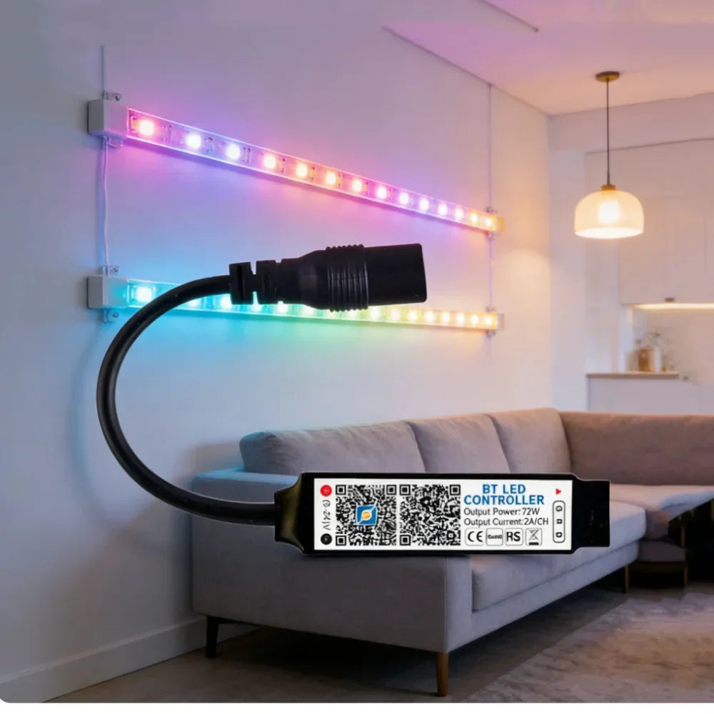 Black mini rgb bluetooth-compatible controller music led with curved power cable and white labeling for tape lights smart app control