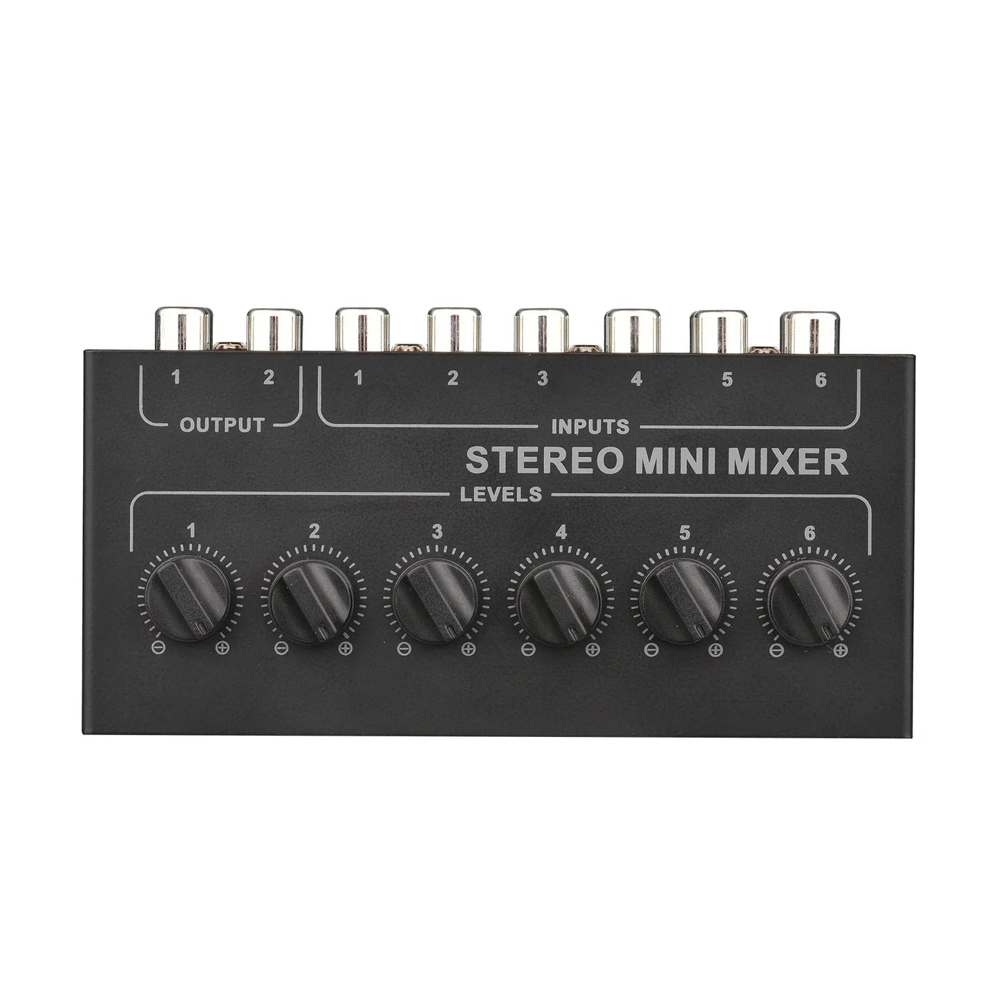 Black mini stereo 6 channel passive mixer rca with six silver input jacks and black rotary distributor volume control knobs