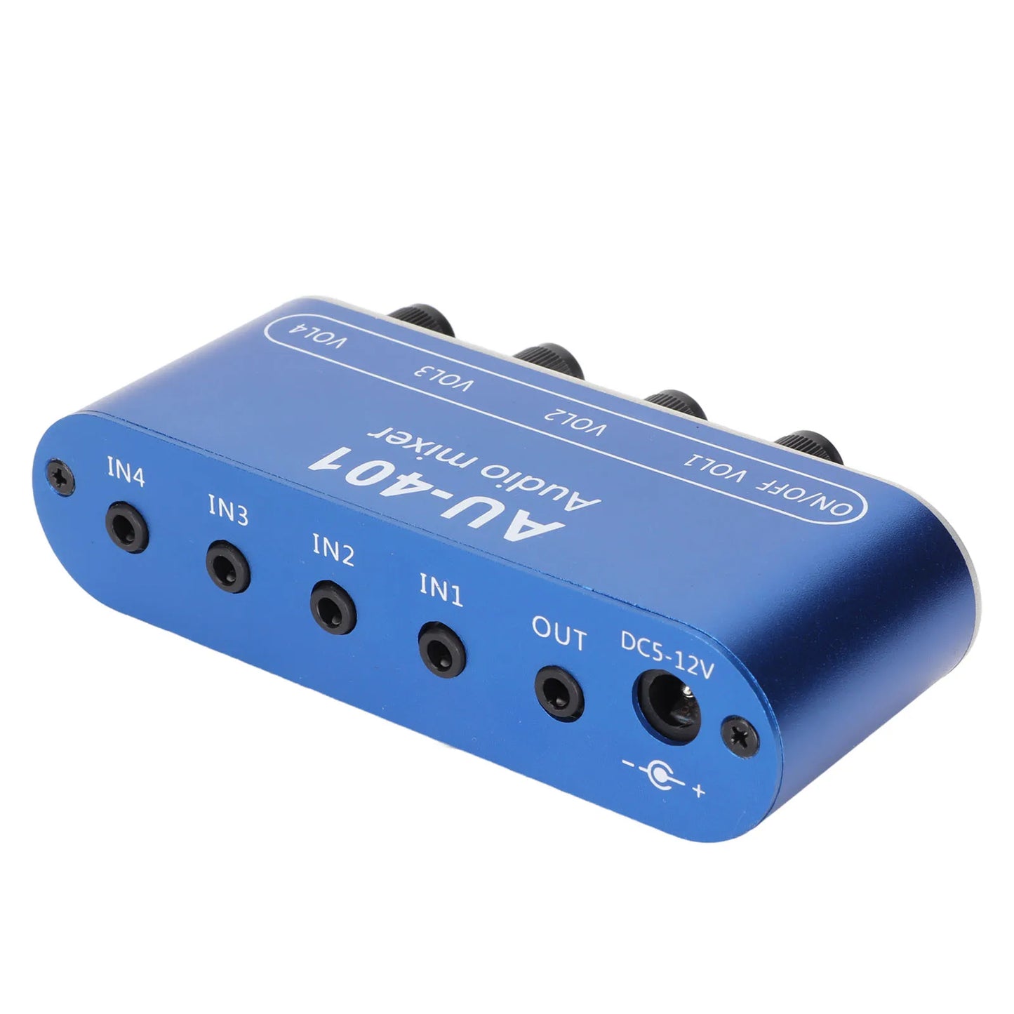 Blue au 401 mini stereo mixer with four input jacks volume controls and sound selector amplifier for pc laptop use