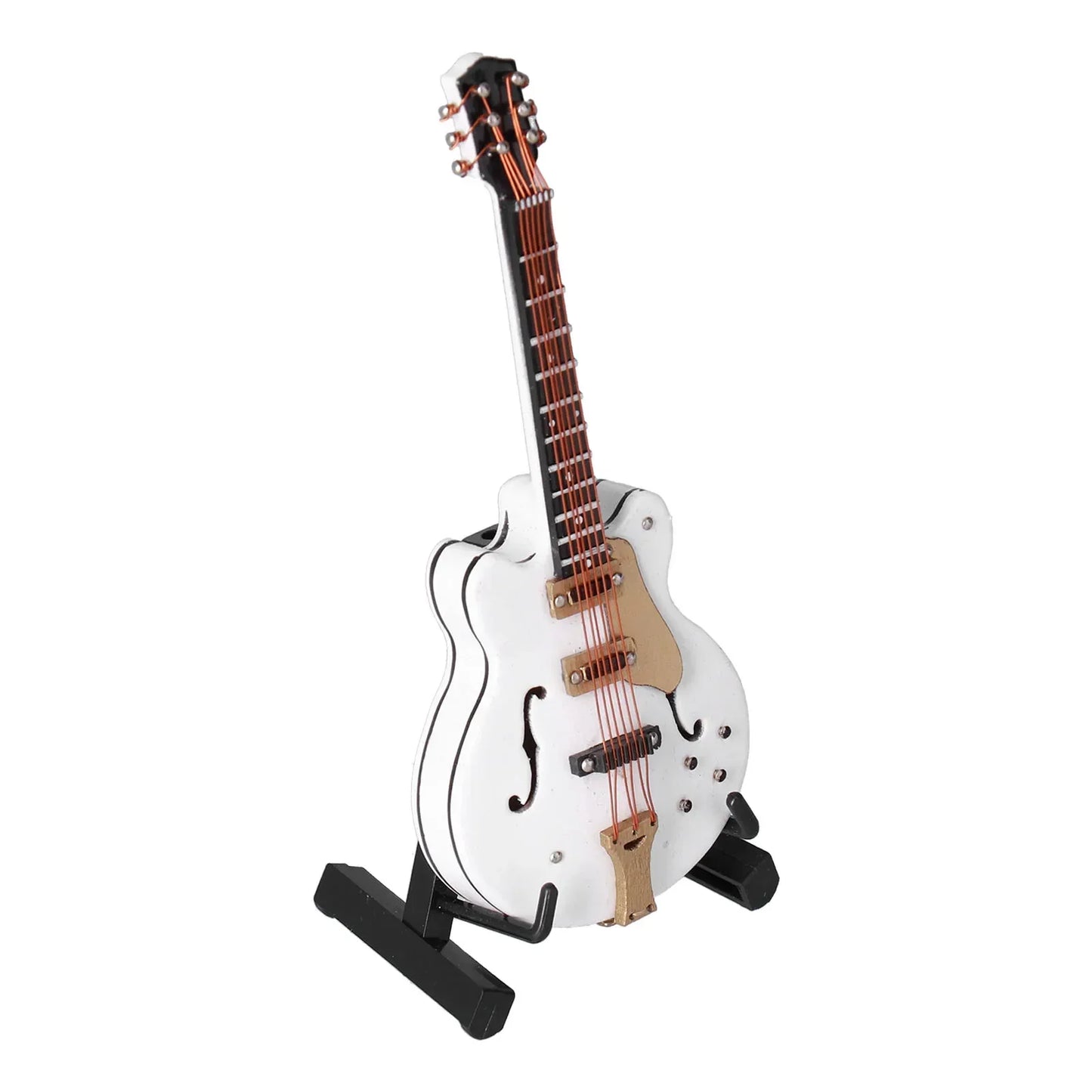 White miniature guitar model with gold hardware and red strings on black stand handicraft ornaments for office decoration