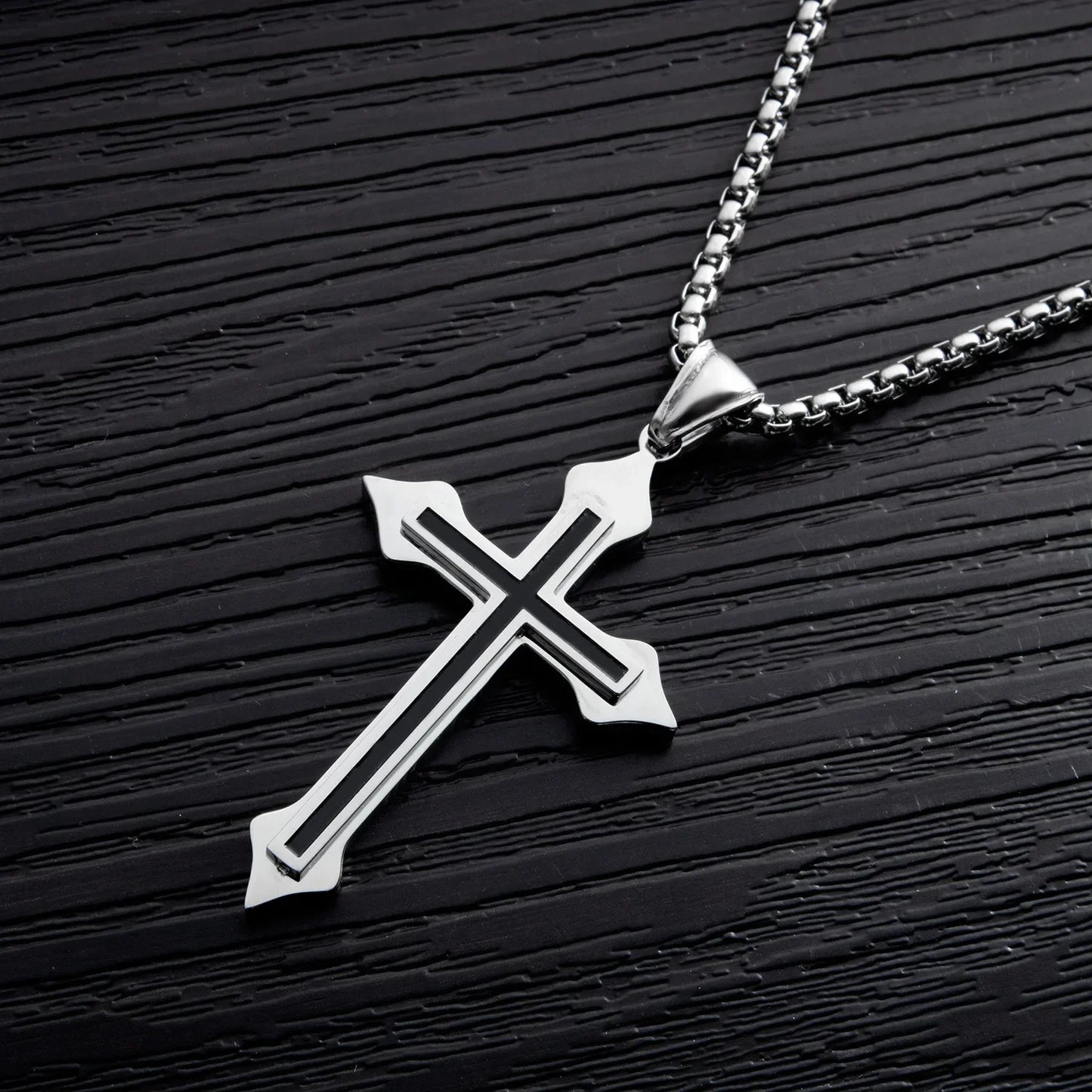 Minimalist cross necklace with black oil drop pendant silver color attached to stainless steel box chain for gifts