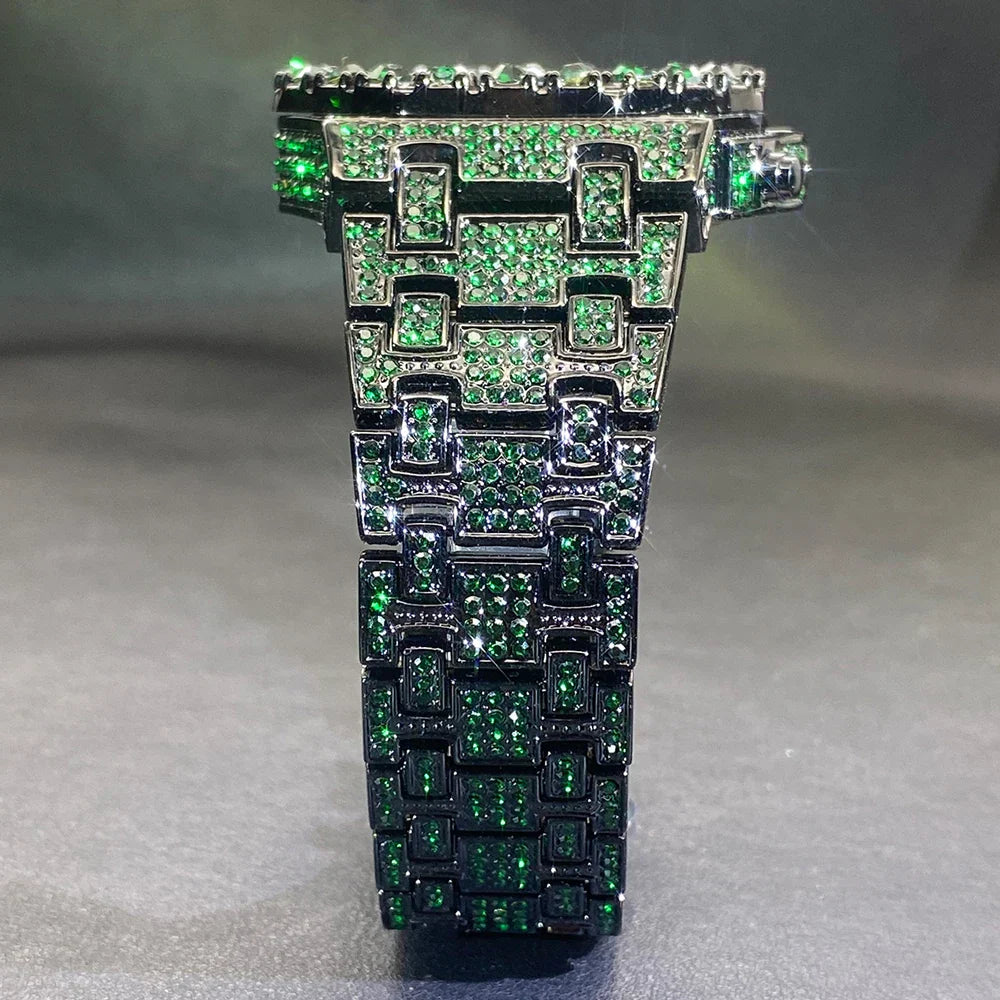 Missfox hip hop wristwatch for men with a luxurious emerald-green pave-set band and black metal frame green watch wterproof week display clock