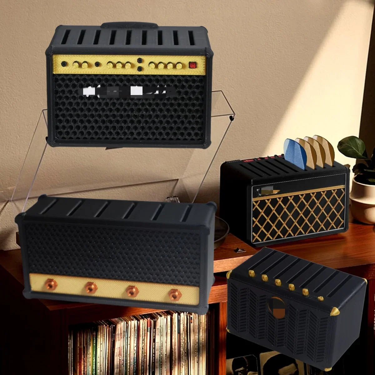 Black and gold guitar amplifier-shaped bluetooth speakers complement miwayer guitar picks holder personalized display box