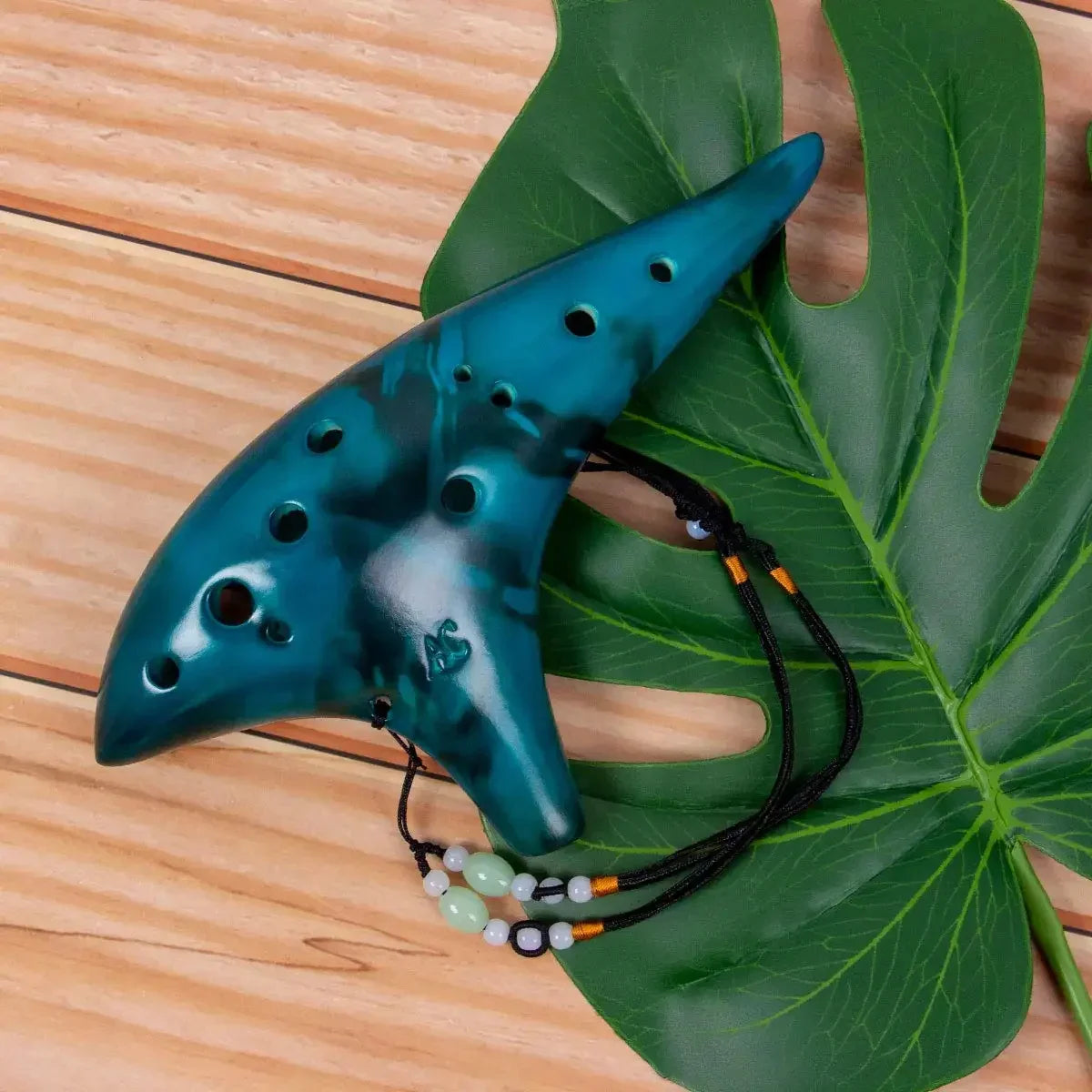 Glossy teal ceramic miwayer ocarina12 tones alto c high quality ocarina classic with marbled pattern and beaded strap