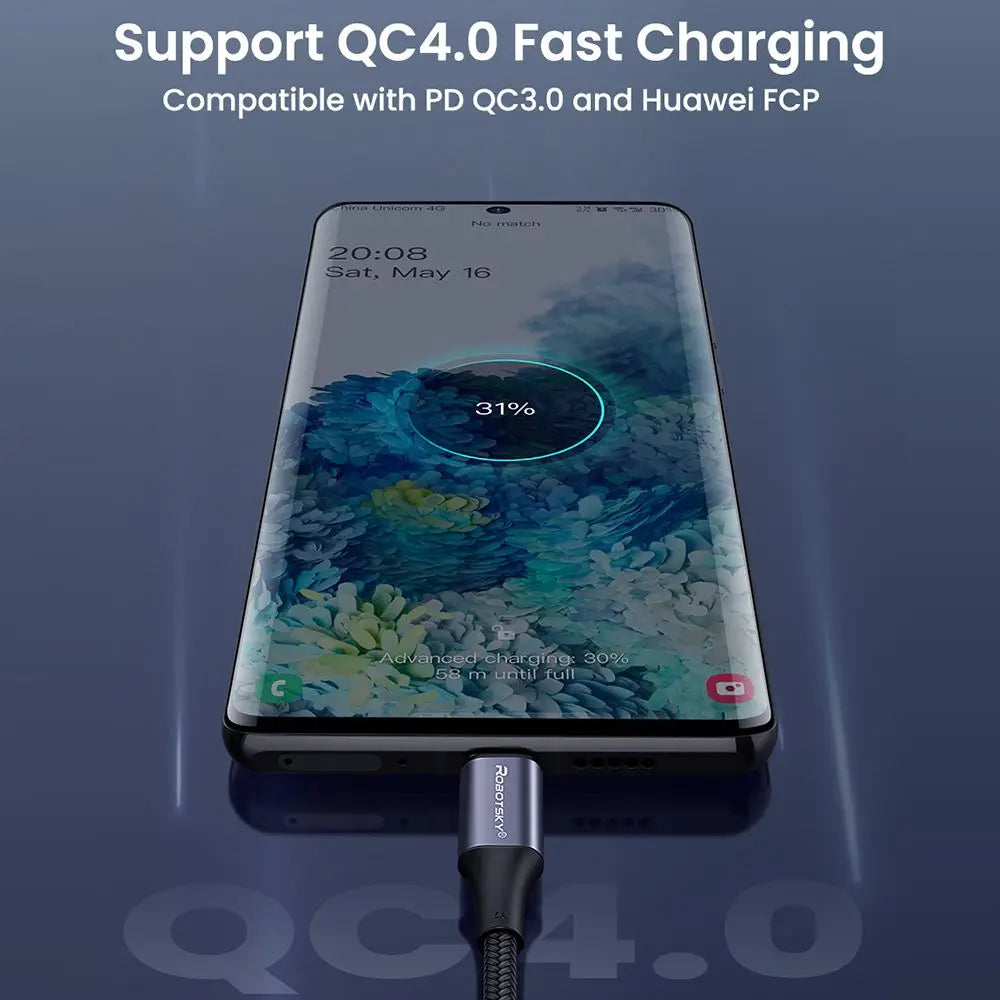 Silver nylon braided ravpower usb-c cable pd 100w with metallic connector supporting 100w fast charging and qc4.0