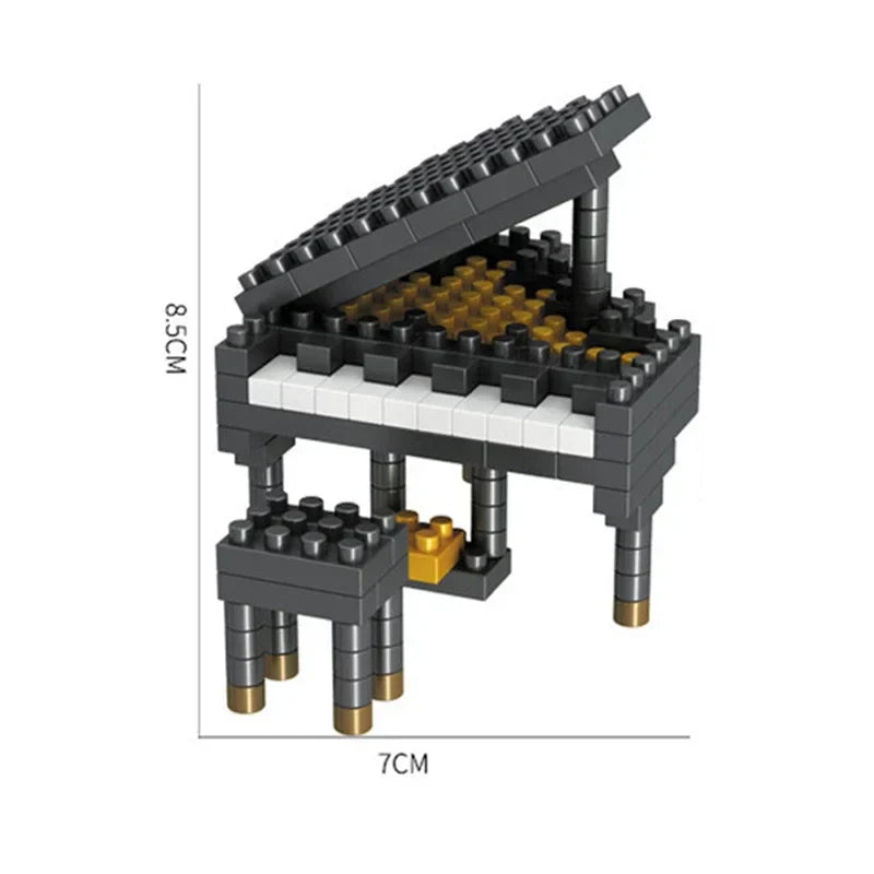 Black and gold mini piano model made from abs plastic interlocking bricks for musical instrument building and guitar diy assembly