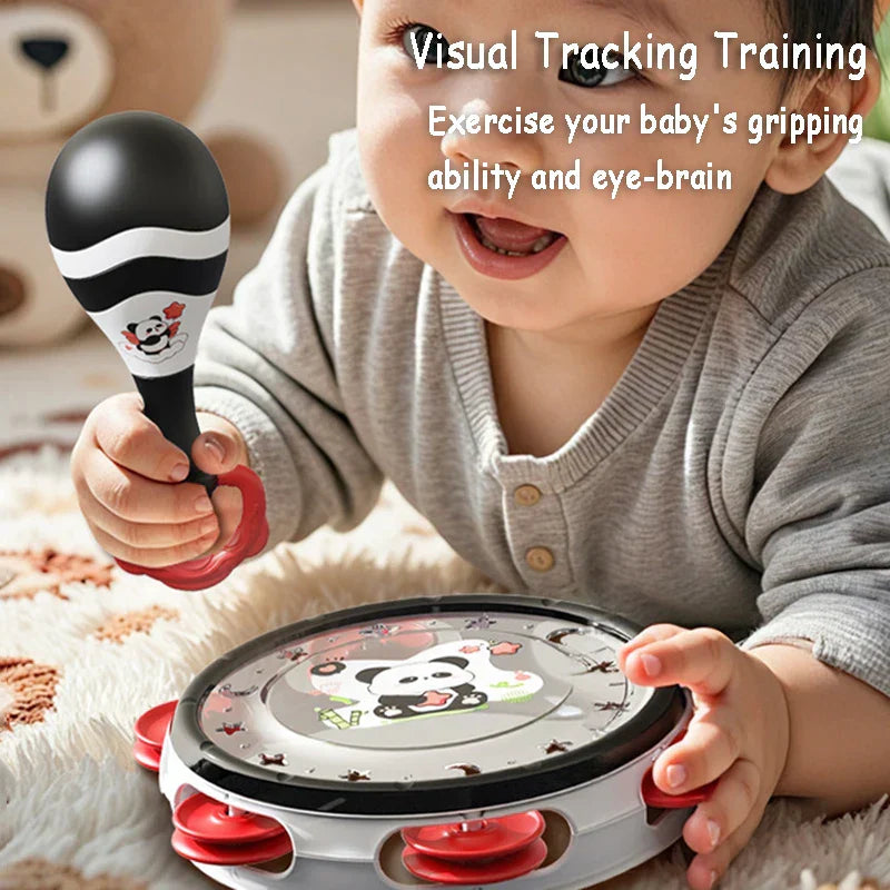 Montessori music instruments toy featuring a black and white maraca with red handle and panda design for sensory play