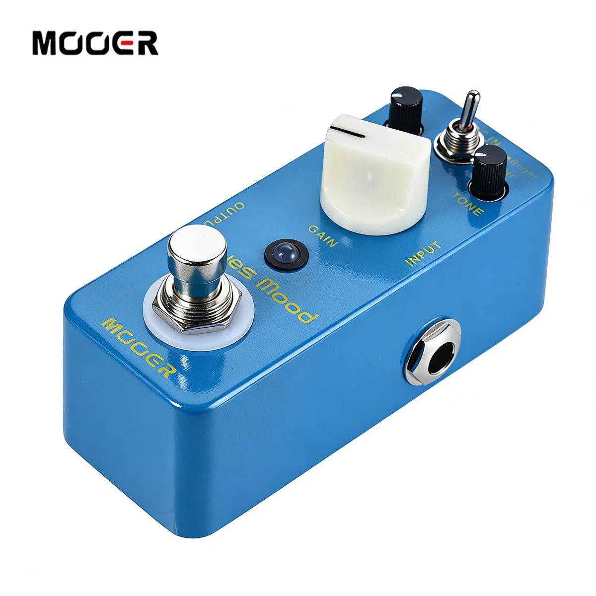 Mooer blue mood blues style overdrive guitar pedal with true bypass, white and black knobs, full metal shell