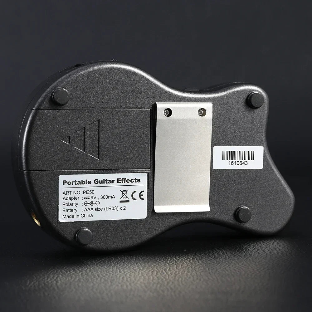 Mmooer pe50 pogo black guitar effect pedal with silver metal plate and black rubber feet featuring 15 effect types