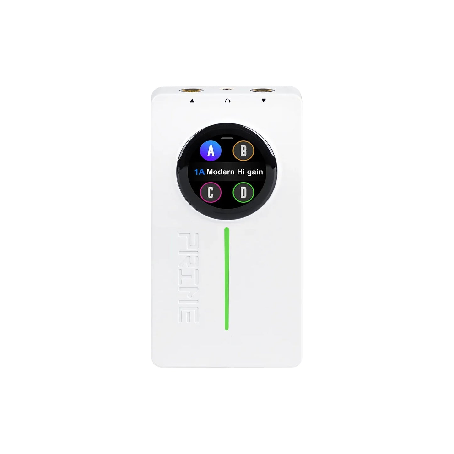 White fiio portable audio player with circular touchscreen and vertical green led for stereo amp simulation and loop recording drum use