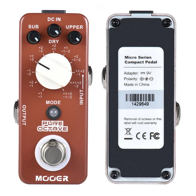 Red mooer pure octave mini octave guitar effect pedal with white central knob black control knobs and full metal shell