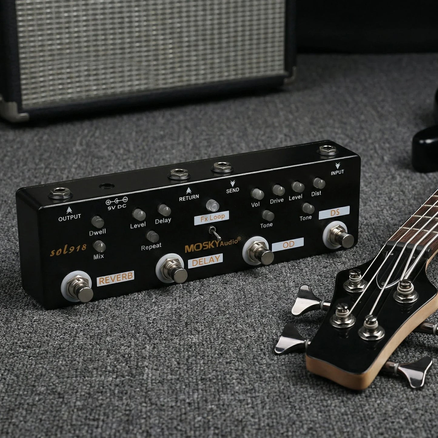 Black mosky audio sol918 multi-effect pedal with silver knobs metal case bass distortion overdrive loop true bypass features