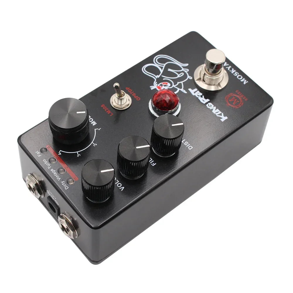 Black rectangular MOSKY King Rat guitar effects distortion pedal with red gem knob, silver switches, and total volume control