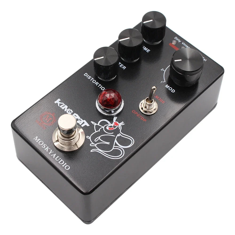 Black mosky king rat guitar effects distortion pedal with red knob silver footswitch and total volume control