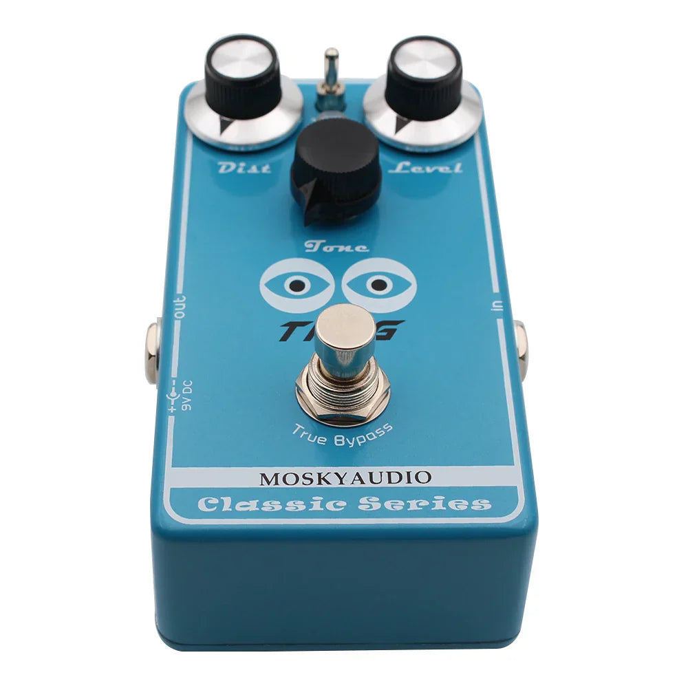 Blue moskyaudio classic series thug high gain distortion pedal with black knobs silver footswitch and three tone modes