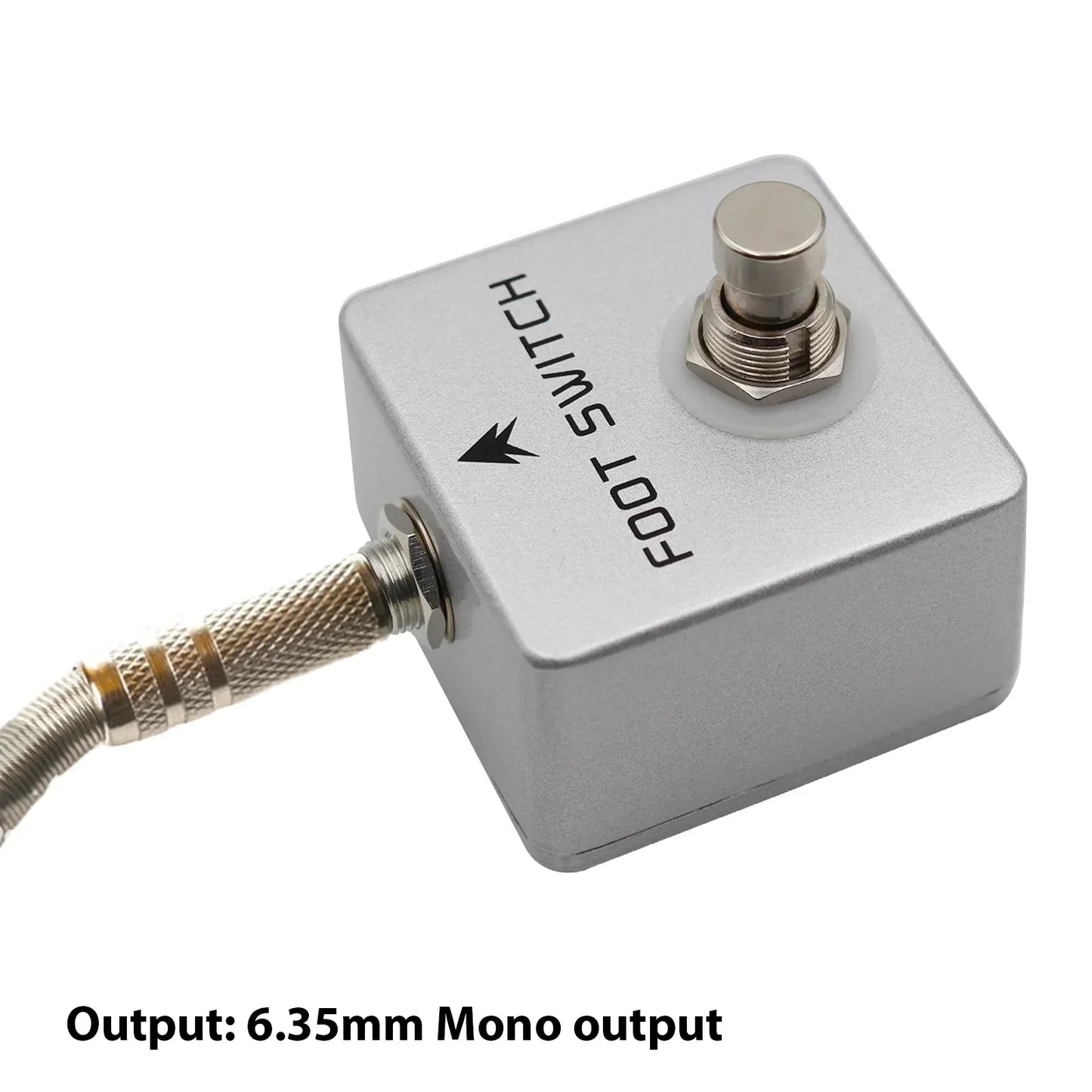 Silver metallic moskyaudio footswitch amp with hexagonal knob, aluminum alloy, channel footswitch locking, and mono output latching