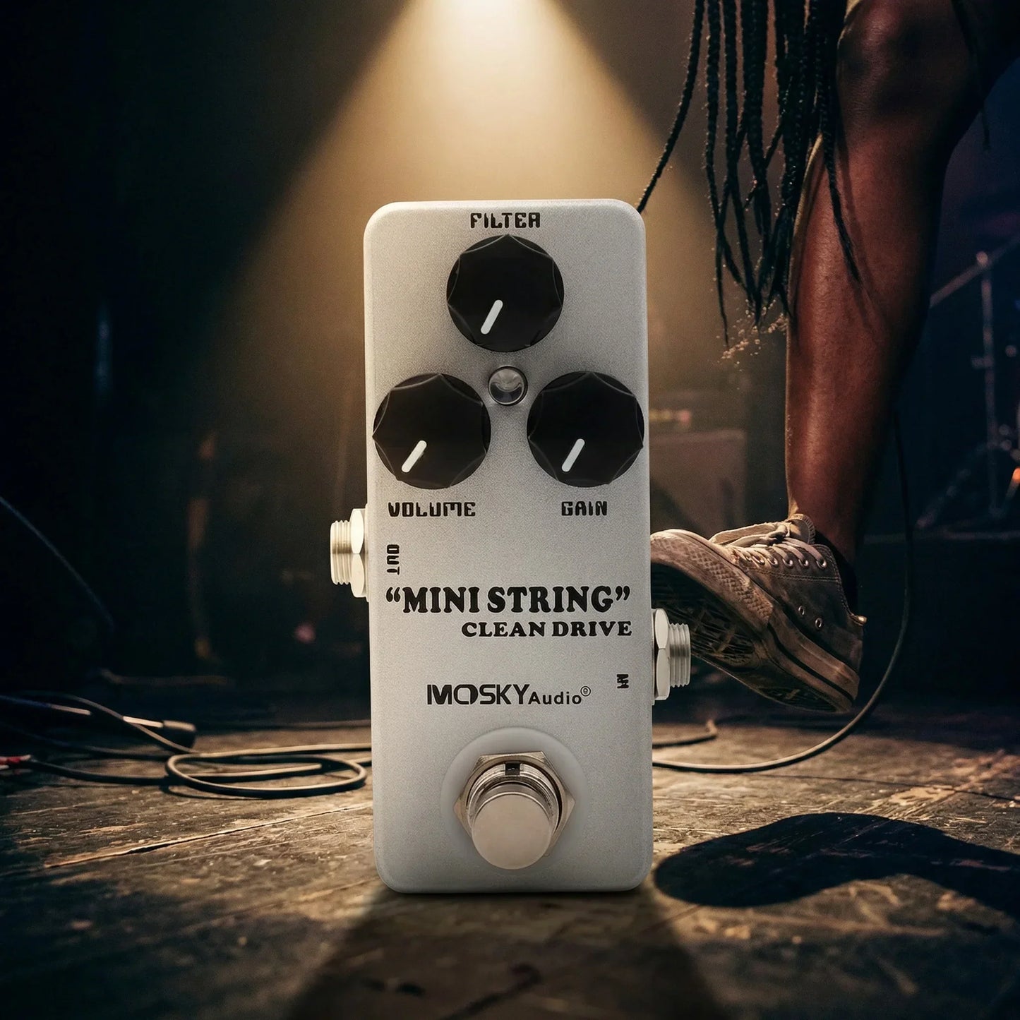 White metal shell moskyaudio mini string clean drive overdrive guitar pedal with filter volume gain knobs and footswitch