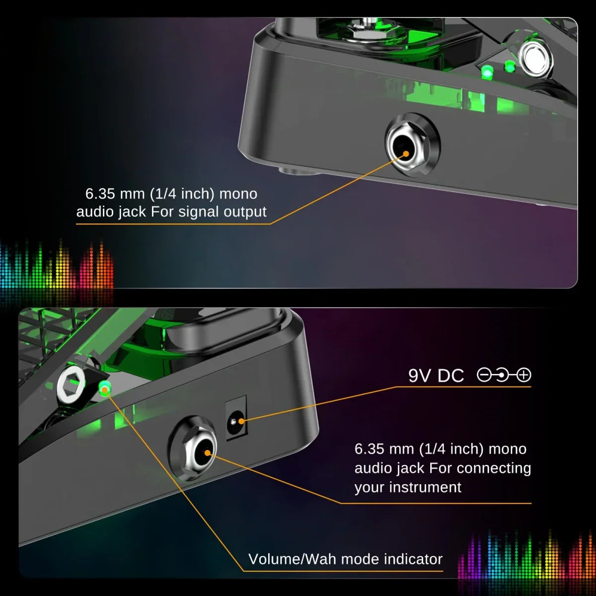 Black mp-1 mini wah volume pedal with shielded inductor, pure analog wah, green led lights, 635 mm jacks, 9v dc input
