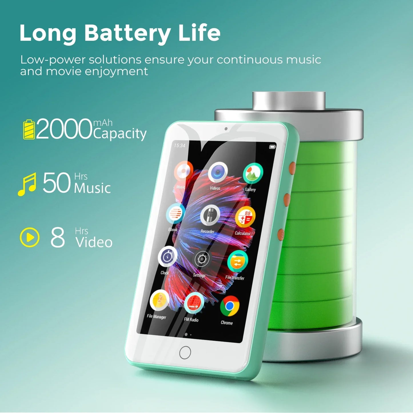 A mint green and white mp3 player bluetooth with touchscreen displaying colorful app icons and speakers fm radio ebooks capacity