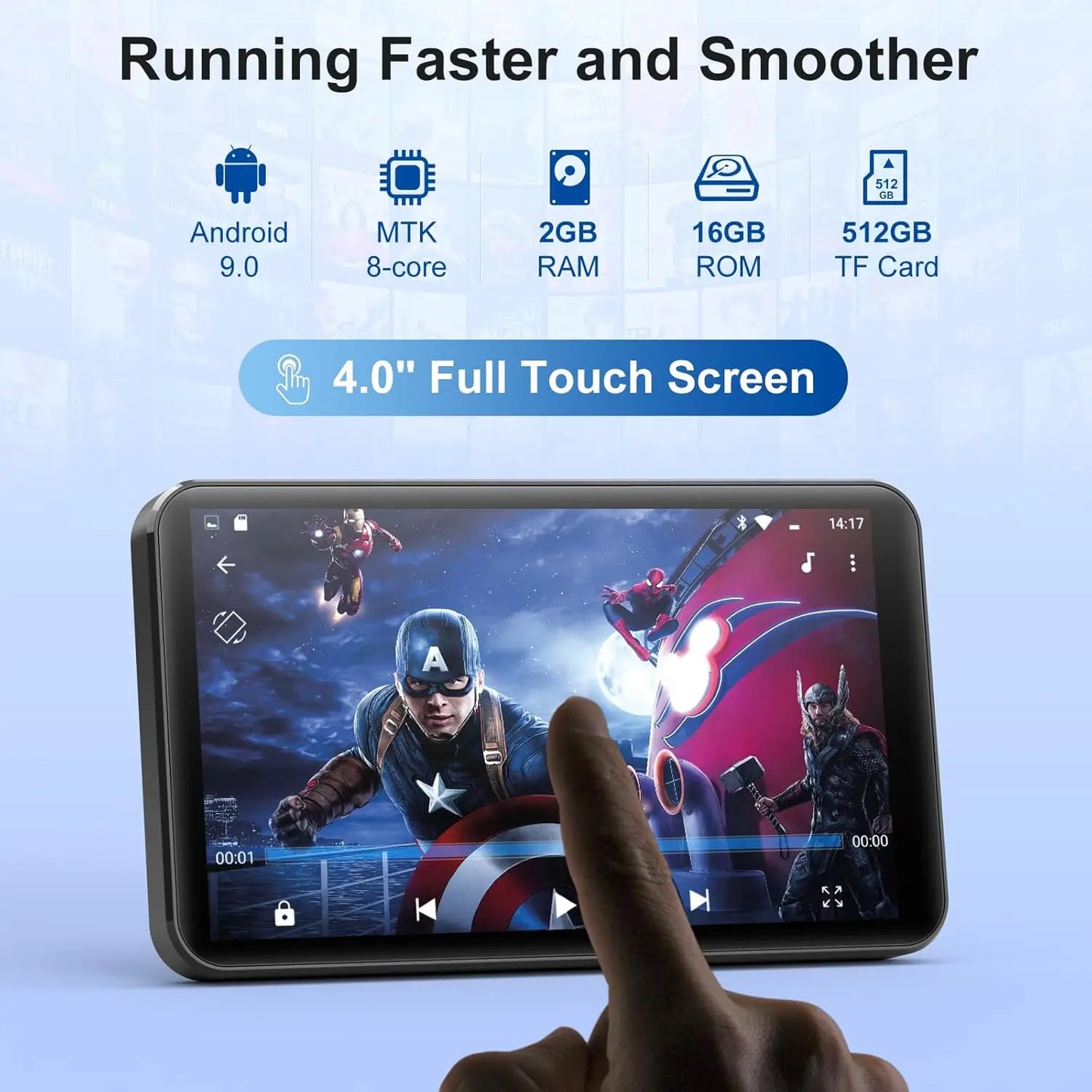 Black-framed mechen h1 pro pro mp3 player with 4 inch full touch screen music player android display featuring marvel superhero