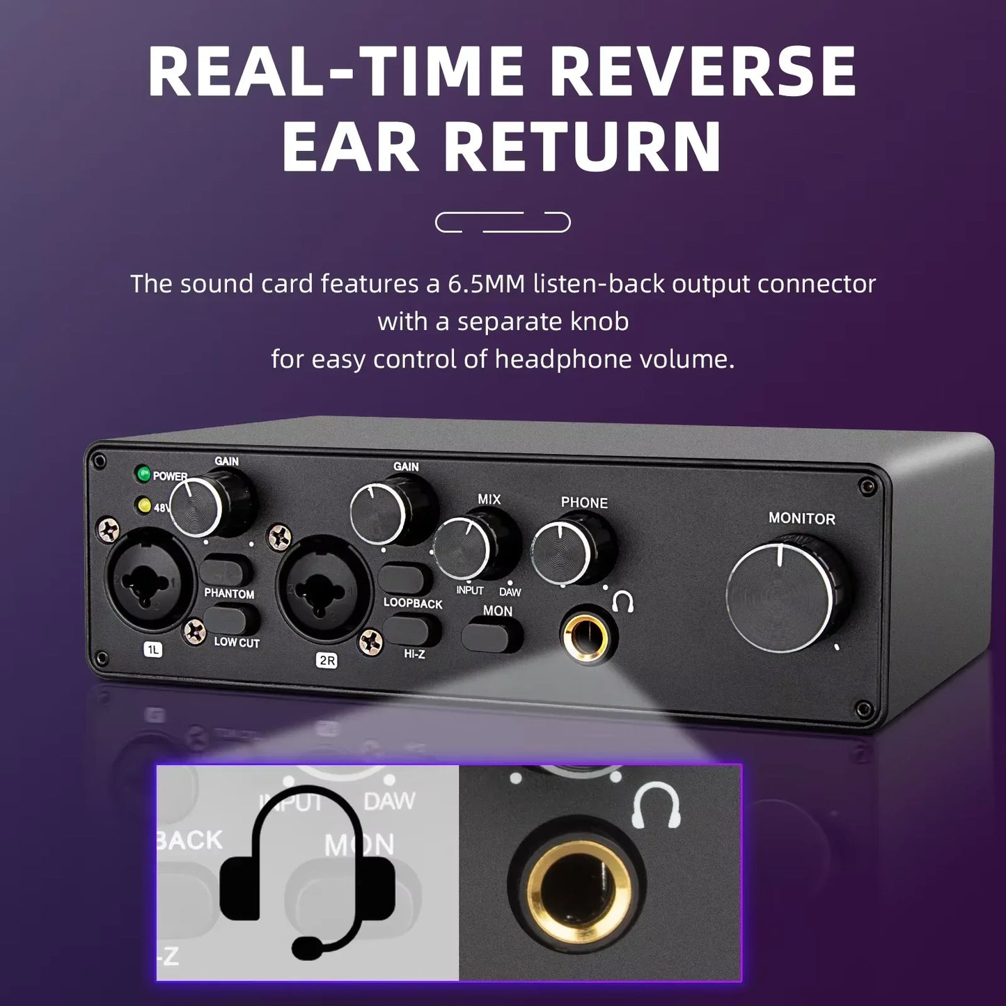 Black rectangular mq22 professional asio usb audio interface with multiple knobs and 6.5mm headphone output for live recording studio