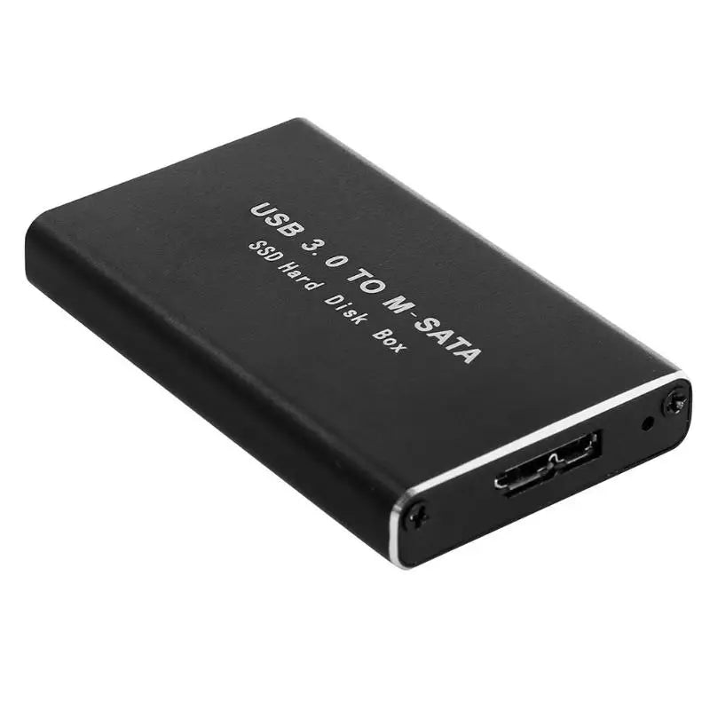 Black rectangular mSATA to USB 3.0 ssd enclosure external with silver lettering and metallic edge storage case adapter