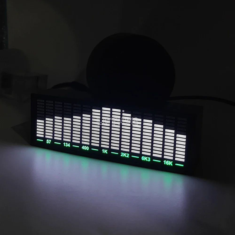 Black rectangular led voice control audio visualizer with green frequency bars and numerical display vu meter pickup rhythm analyzer