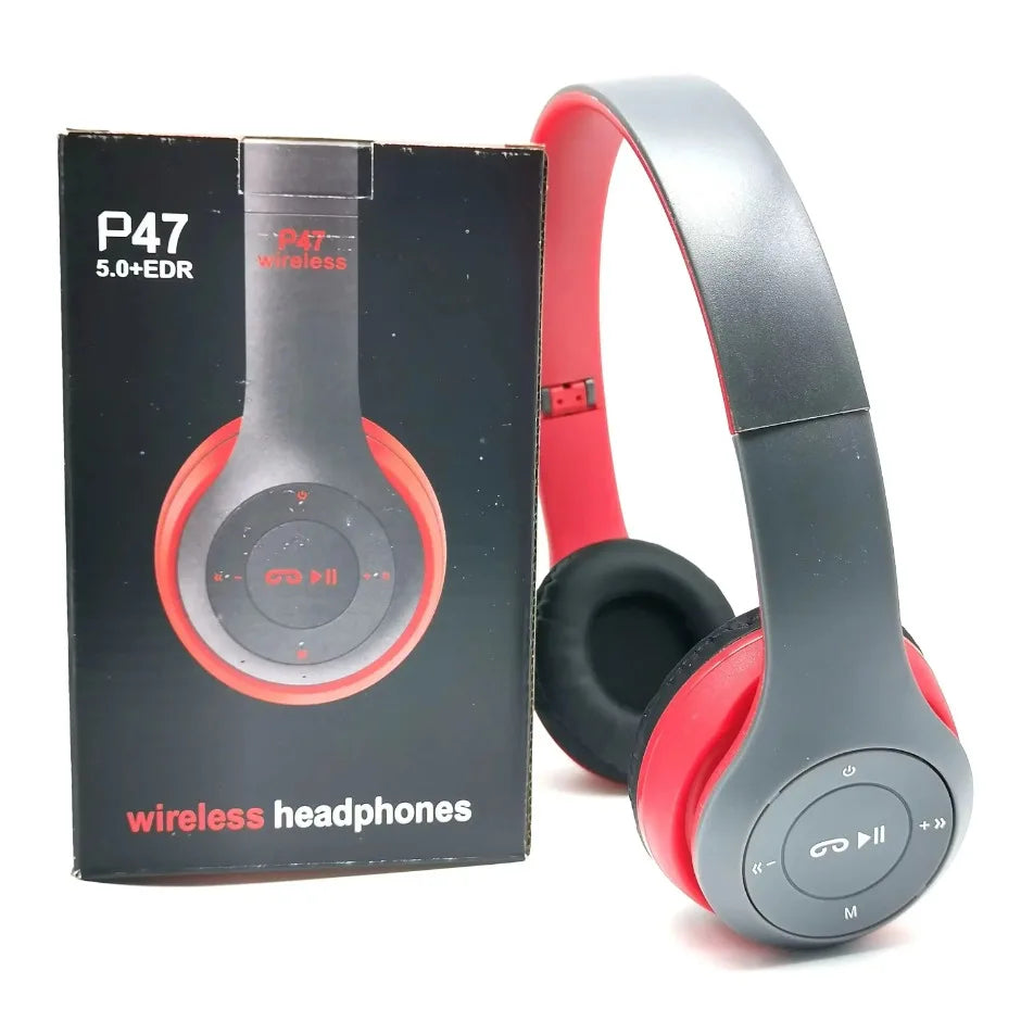 Red and gray multifunctional portable foldable wireless bluetooth 5.0 headphones with circular control buttons for balanced armature vocalism and wireless sports game use