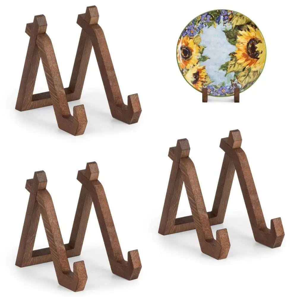 Set of four dark brown multifunctional retro wooden plate stands with frame stand handmade for music album display