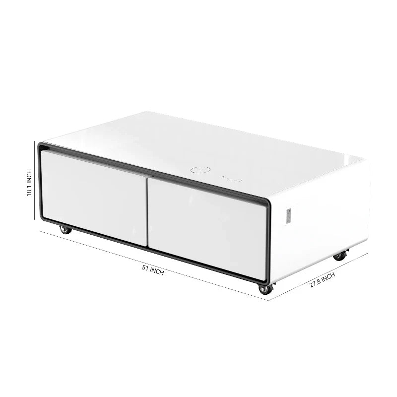 White rectangular smart coffee table with black trim wheels sliding doors for cold drink music and refrigerator smart furniture