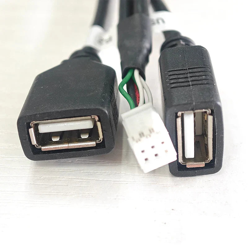 Black multimedia car player wire harness adapter cable with dual usb interface and exposed wiring for android radio navigation
