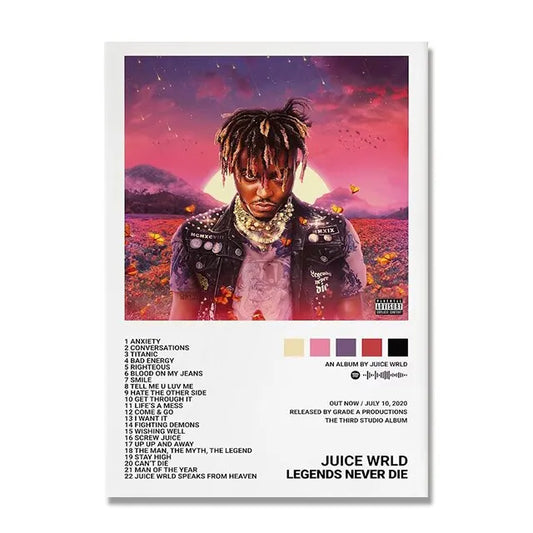 A vibrant juice wrld album covers poster featuring him in a black leather jacket with layered necklaces and dreadlocks